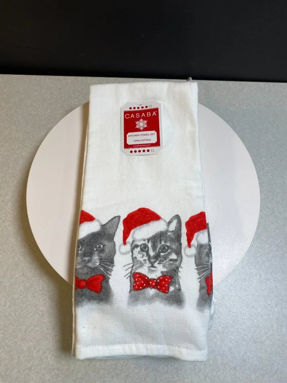 CASABA Christmas Cat Kitchen Towels Set of 2 100% Cotton NWT
